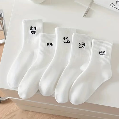 5/10/20 Pairs Women'S Cartoon Socks round Neck Mid Tube Cute Expression Pattern Socks Casual Breathable Autumn Girls Socks