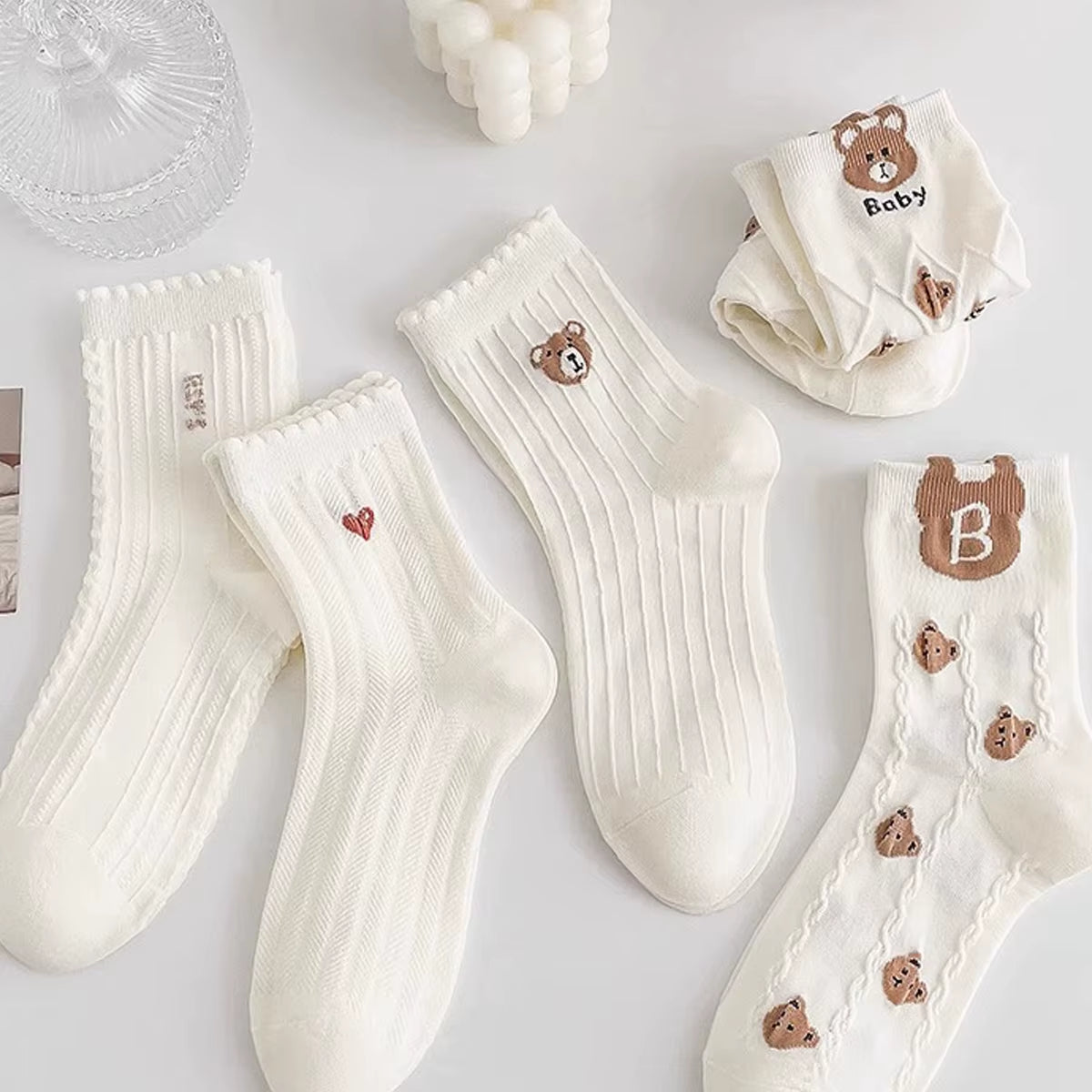 5 Pairs Teddy Bear Ankle Socks, Comfy Cute Crew Short Socks, Women'S Stocking & Hosiery