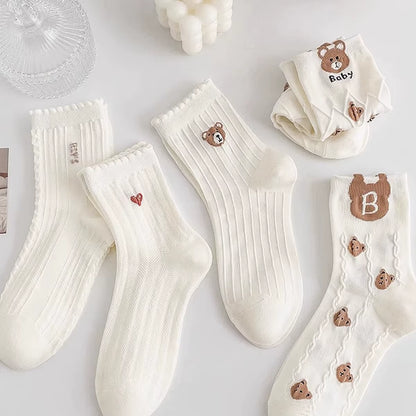 5 Pairs Teddy Bear Ankle Socks, Comfy Cute Crew Short Socks, Women'S Stocking & Hosiery