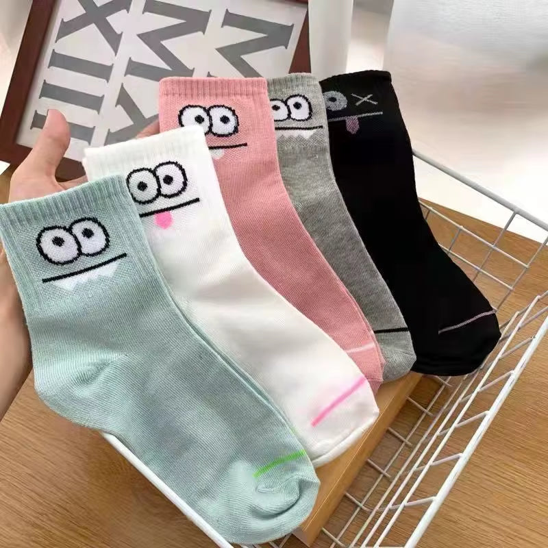 5 Pairs Cute Expression Print Socks, Comfy & Funny All-Match Mid Tube Socks, Women'S Stockings & Hosiery