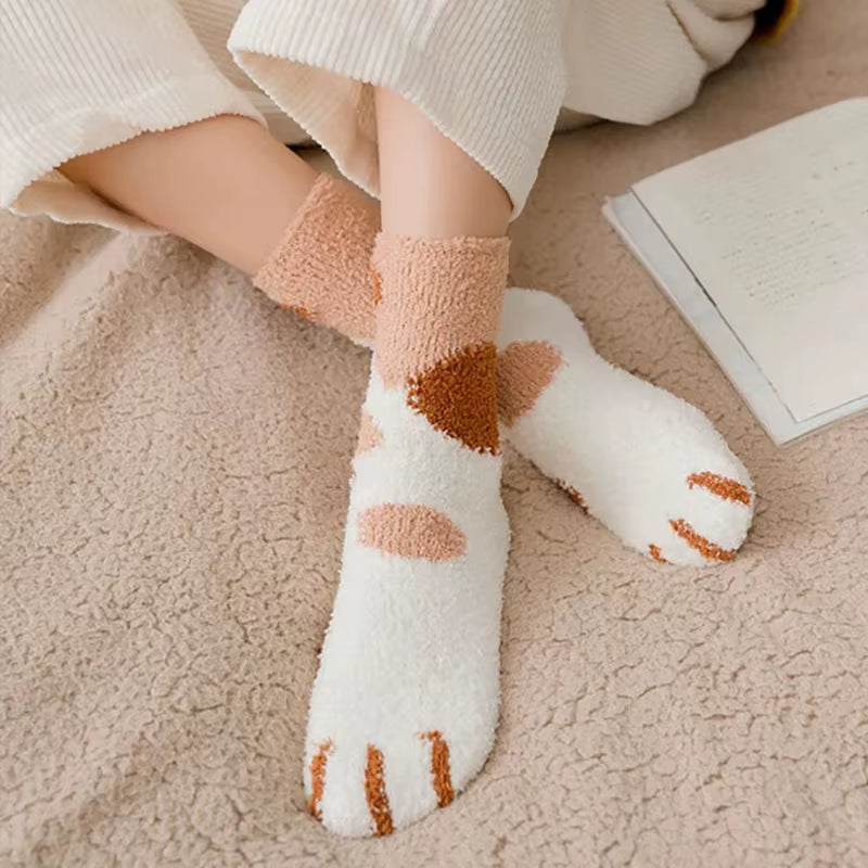 Plush Winter Funny Cute Style Animal Cat Paw Cartoon Pattern Women Cotton Socks Super Soft for Female House Sleeping Floor Sox