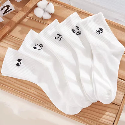 5/10/20 Pairs Women'S Cartoon Socks round Neck Mid Tube Cute Expression Pattern Socks Casual Breathable Autumn Girls Socks