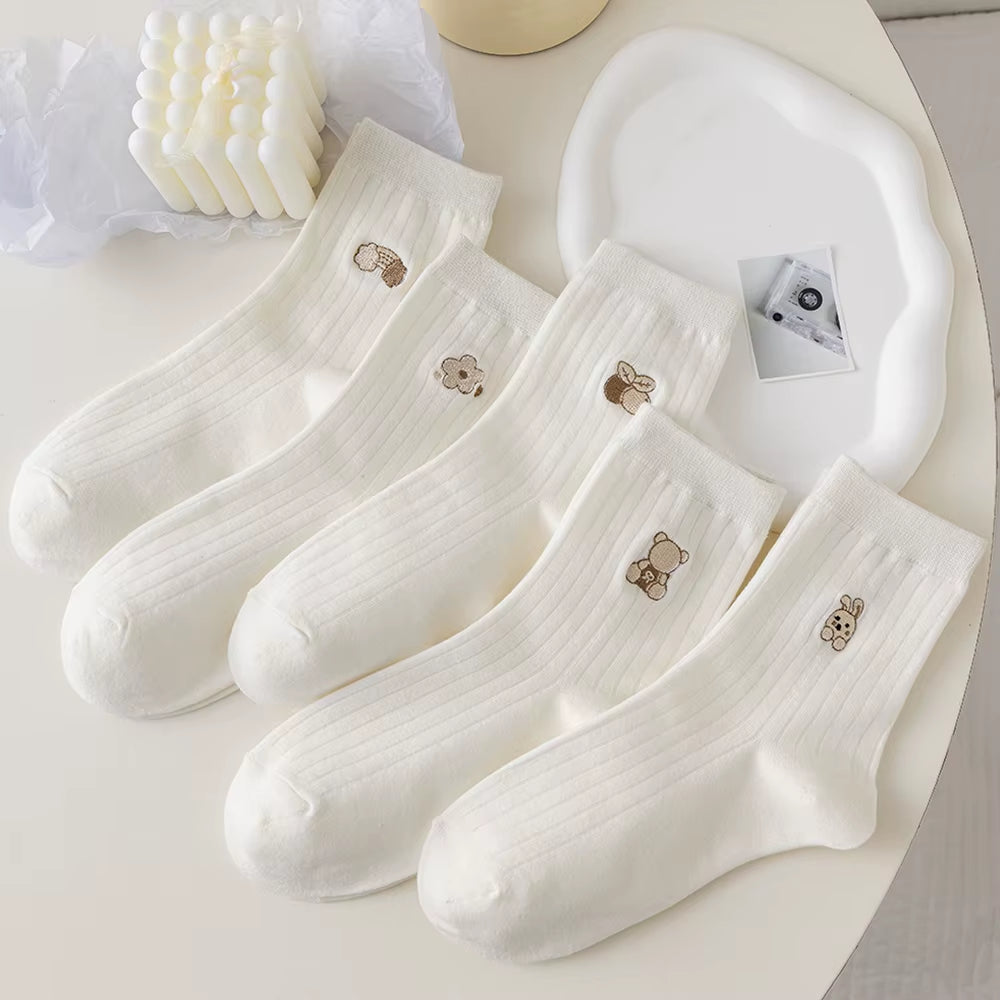 5/10/20 Pairs Women'S Cartoon Socks round Neck Mid Tube Cute Expression Pattern Socks Casual Breathable Autumn Girls Socks