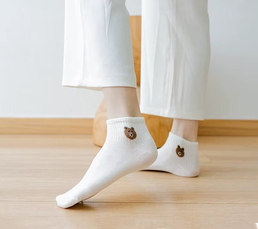 5 Pairs Teddy Bear Ankle Socks, Comfy Cute Crew Short Socks, Women'S Stocking & Hosiery