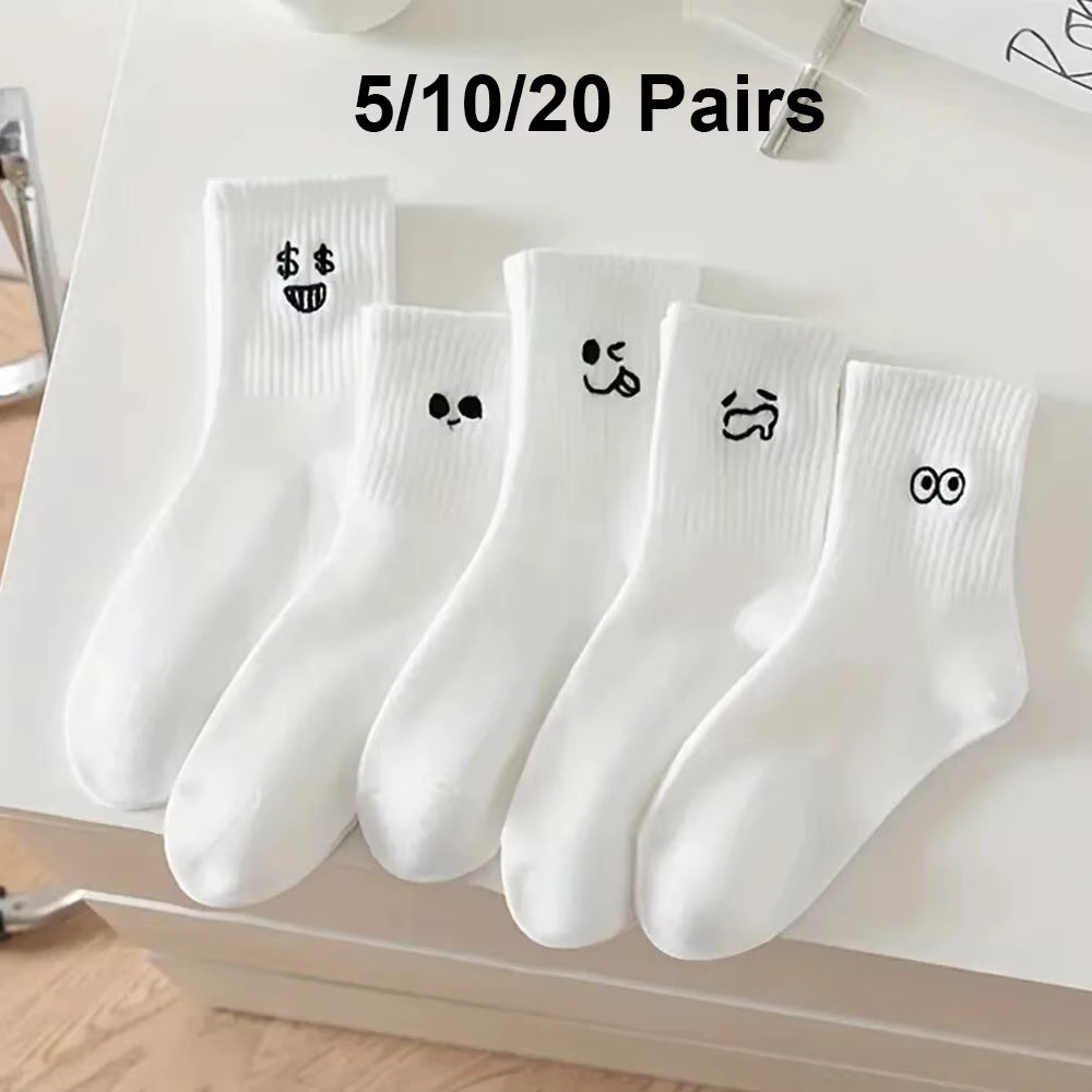 5/10/20 Pairs Women'S Cartoon Socks round Neck Mid Tube Cute Expression Pattern Socks Casual Breathable Autumn Girls Socks