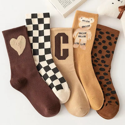 5 Pairs Cute Expression Print Socks, Comfy & Funny All-Match Mid Tube Socks, Women'S Stockings & Hosiery