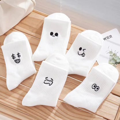 5/10/20 Pairs Women'S Cartoon Socks round Neck Mid Tube Cute Expression Pattern Socks Casual Breathable Autumn Girls Socks