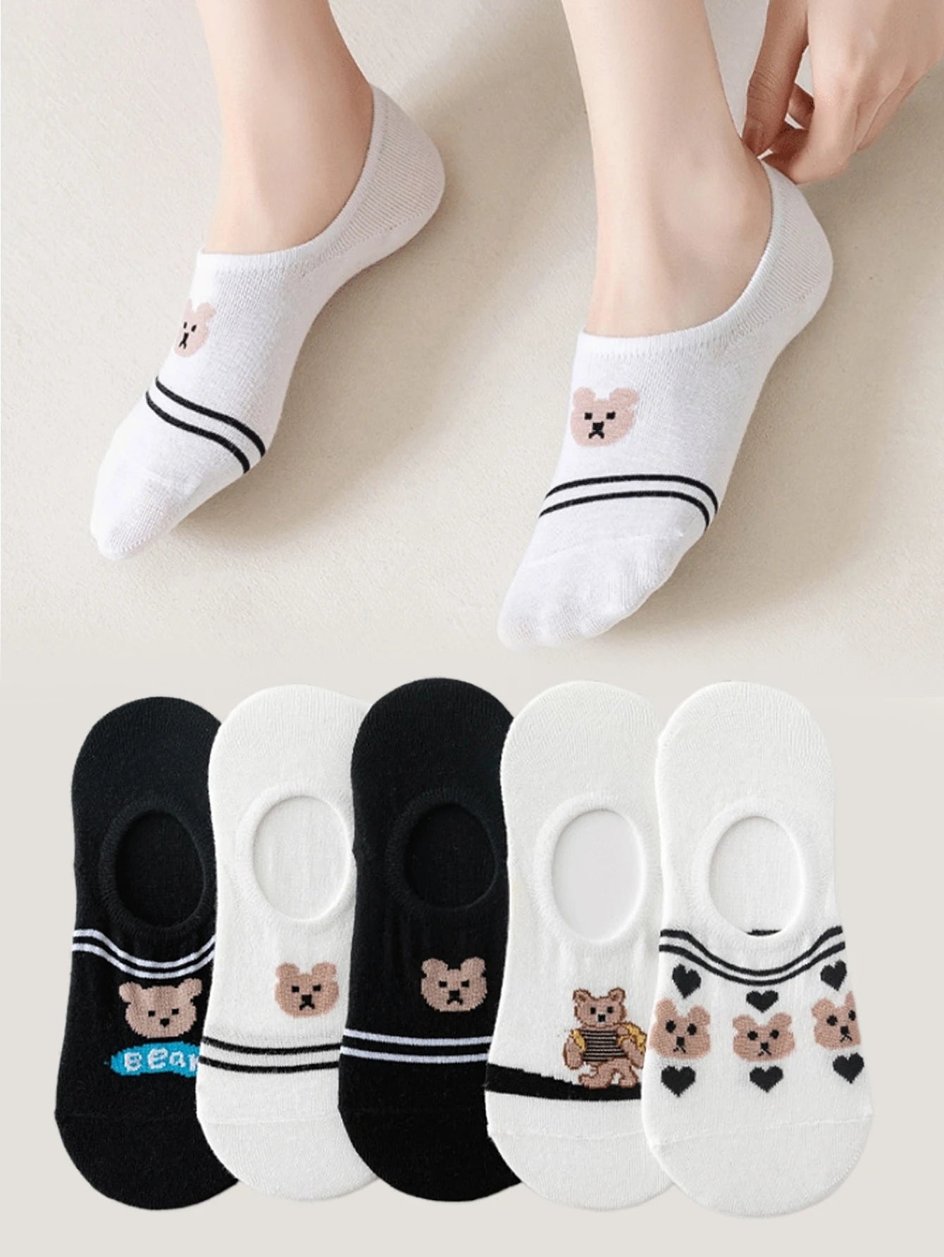 5 Pairs Teddy Bear Ankle Socks, Comfy Cute Crew Short Socks, Women'S Stocking & Hosiery
