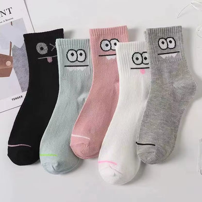 5 Pairs Cute Expression Print Socks, Comfy & Funny All-Match Mid Tube Socks, Women'S Stockings & Hosiery