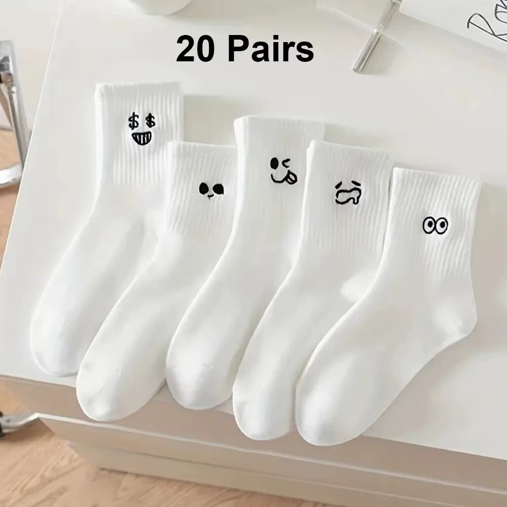 5/10/20 Pairs Women'S Cartoon Socks round Neck Mid Tube Cute Expression Pattern Socks Casual Breathable Autumn Girls Socks