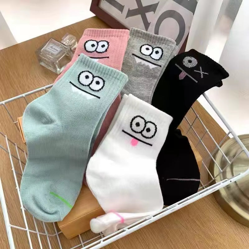 5 Pairs Cute Expression Print Socks, Comfy & Funny All-Match Mid Tube Socks, Women'S Stockings & Hosiery