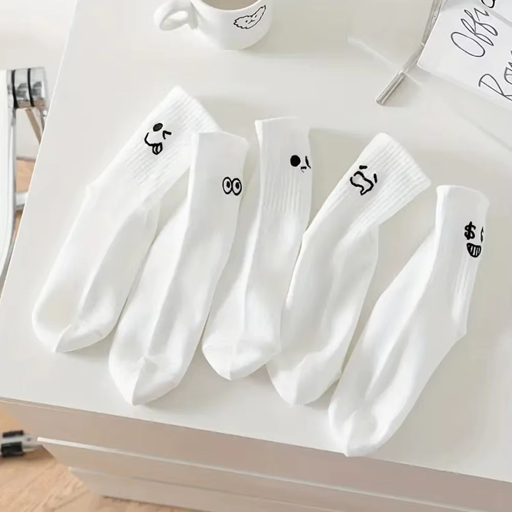 5/10/20 Pairs Women'S Cartoon Socks round Neck Mid Tube Cute Expression Pattern Socks Casual Breathable Autumn Girls Socks