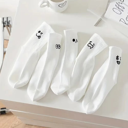 5/10/20 Pairs Women'S Cartoon Socks round Neck Mid Tube Cute Expression Pattern Socks Casual Breathable Autumn Girls Socks