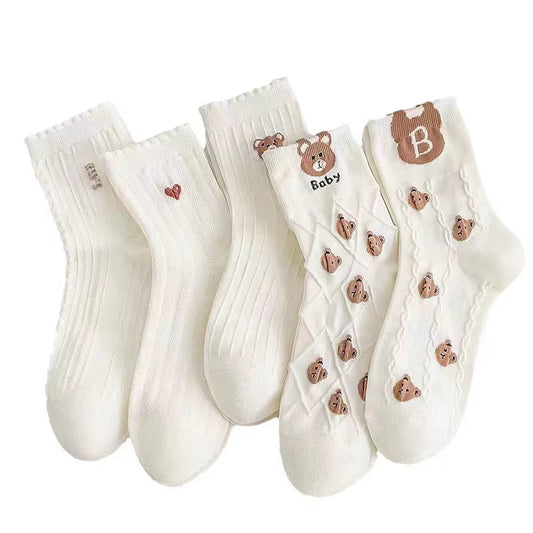 5/10/20 Pairs Women'S Cartoon Socks round Neck Mid Tube Cute Expression Pattern Socks Casual Breathable Autumn Girls Socks