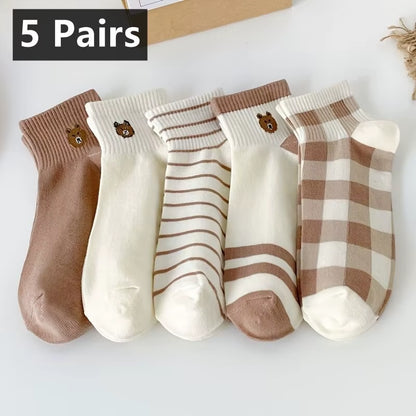 5 Pairs Teddy Bear Ankle Socks, Comfy Cute Crew Short Socks, Women'S Stocking & Hosiery