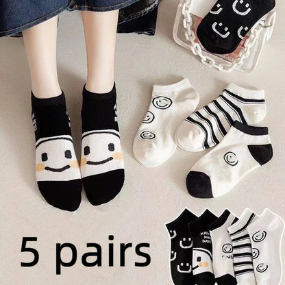 5 Pairs Cute Expression Print Socks, Comfy & Funny All-Match Mid Tube Socks, Women'S Stockings & Hosiery