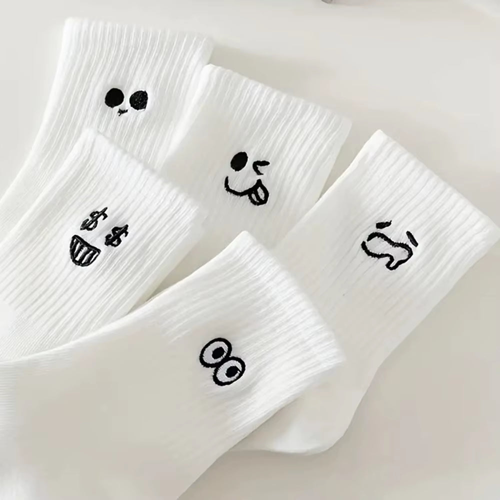 5/10/20 Pairs Women'S Cartoon Socks round Neck Mid Tube Cute Expression Pattern Socks Casual Breathable Autumn Girls Socks