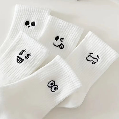 5/10/20 Pairs Women'S Cartoon Socks round Neck Mid Tube Cute Expression Pattern Socks Casual Breathable Autumn Girls Socks