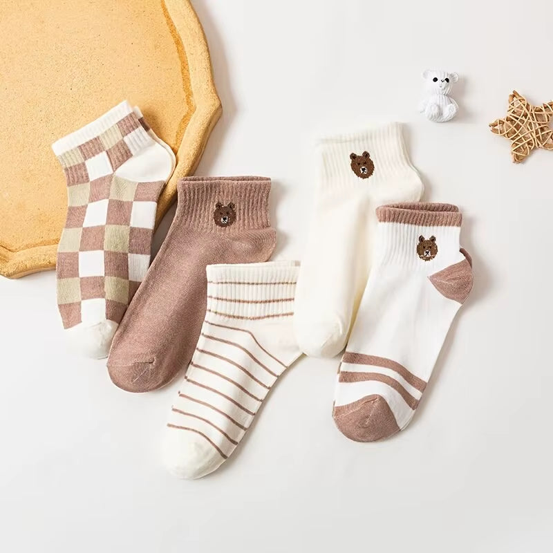 5 Pairs Teddy Bear Ankle Socks, Comfy Cute Crew Short Socks, Women'S Stocking & Hosiery