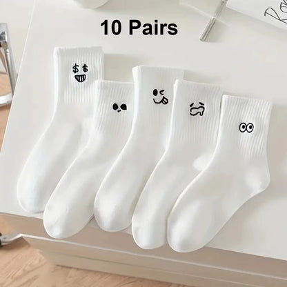 5/10/20 Pairs Women'S Cartoon Socks round Neck Mid Tube Cute Expression Pattern Socks Casual Breathable Autumn Girls Socks