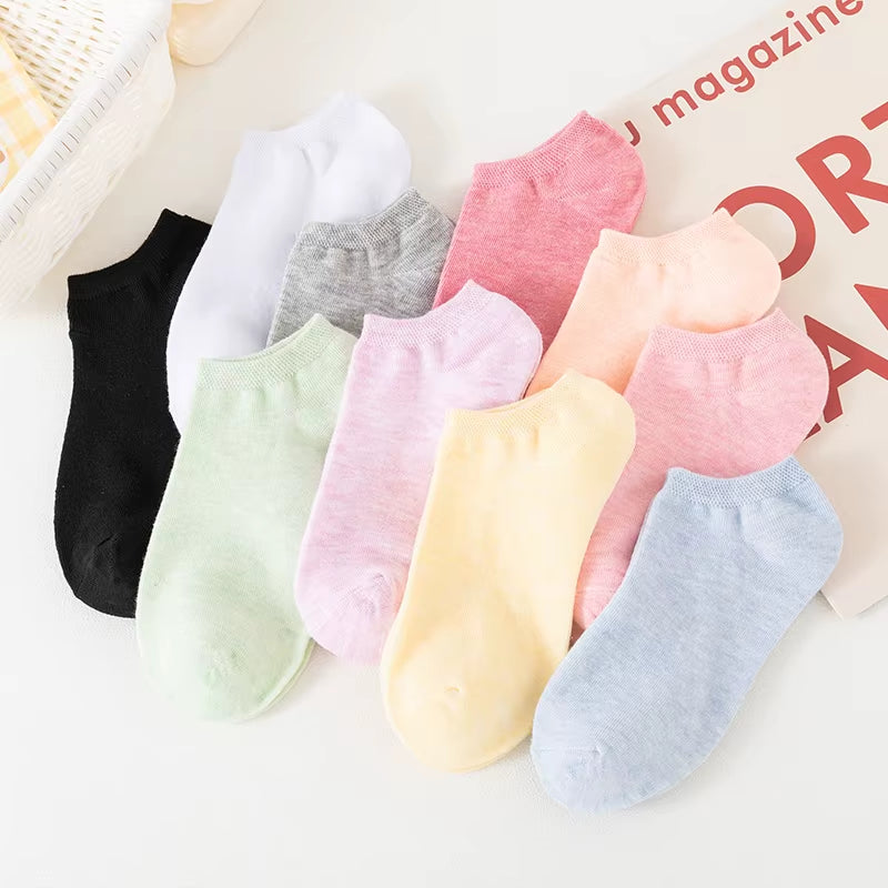10/5 Pairs of Colored Cotton WOMEN'S Short Socks, Ankle Breathable Mesh Sports Socks, Summer Casual Solid Color Boat Socks