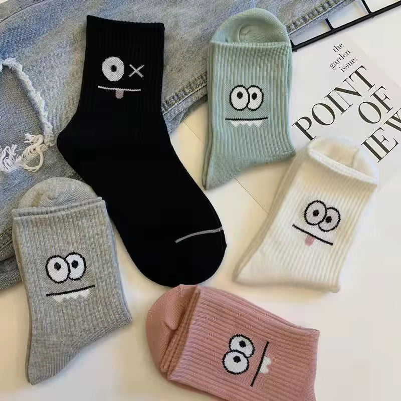 5 Pairs Cute Expression Print Socks, Comfy & Funny All-Match Mid Tube Socks, Women'S Stockings & Hosiery