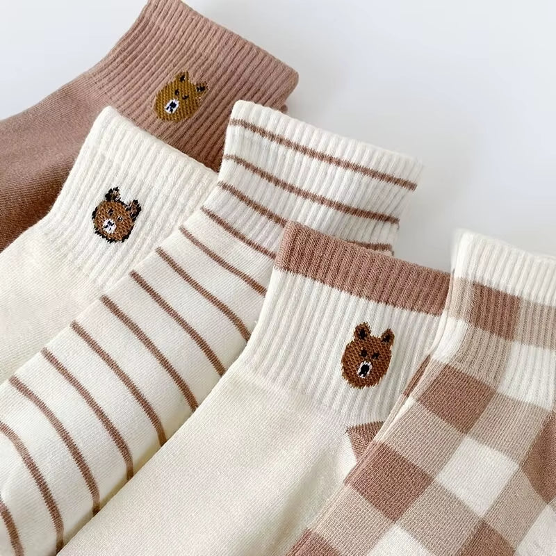 5 Pairs Teddy Bear Ankle Socks, Comfy Cute Crew Short Socks, Women'S Stocking & Hosiery