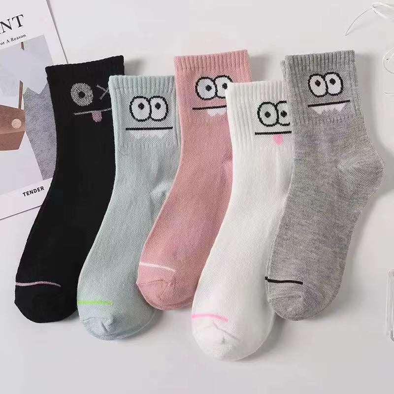 5 Pairs Cute Expression Print Socks, Comfy & Funny All-Match Mid Tube Socks, Women'S Stockings & Hosiery