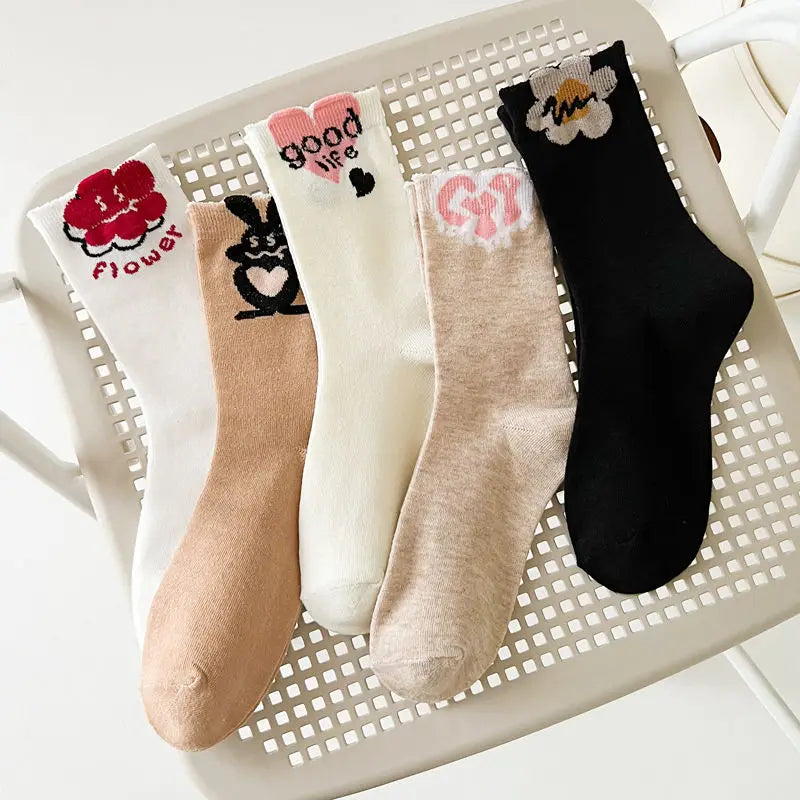 5 Pairs Cute Expression Print Socks, Comfy & Funny All-Match Mid Tube Socks, Women'S Stockings & Hosiery