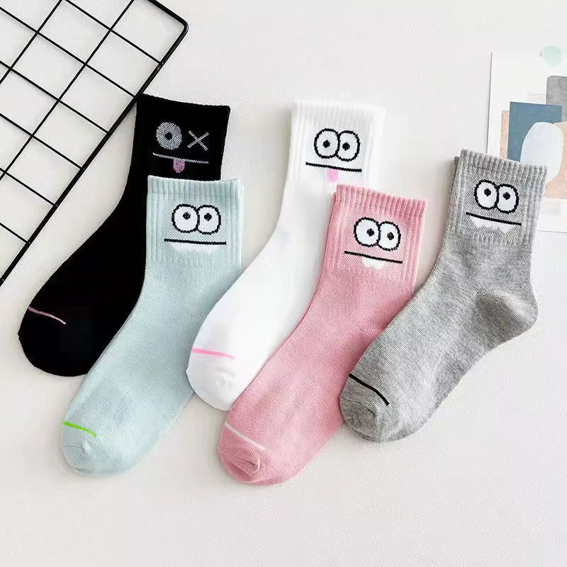 5 Pairs Cute Expression Print Socks, Comfy & Funny All-Match Mid Tube Socks, Women'S Stockings & Hosiery