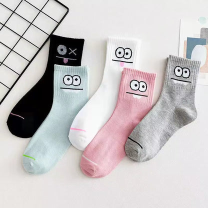 5 Pairs Cute Expression Print Socks, Comfy & Funny All-Match Mid Tube Socks, Women'S Stockings & Hosiery