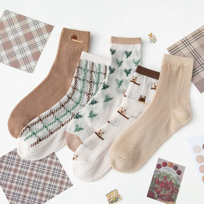 5 Pairs Teddy Bear Ankle Socks, Comfy Cute Crew Short Socks, Women'S Stocking & Hosiery